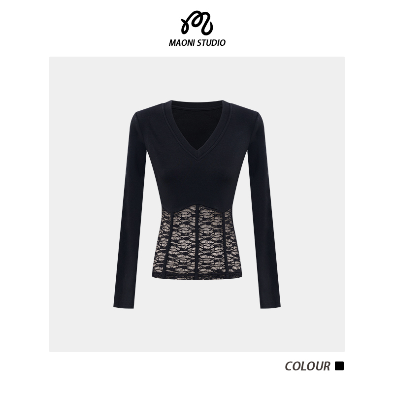 毛妮LADIESFIRST修身显瘦V领蕾丝拼接上衣女秋冬新款打底衫L2763