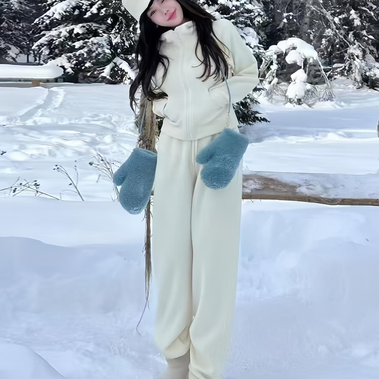 韩版连帽拉链加绒加厚卫衣运动服套装女秋冬款开衫休闲长裤两件套