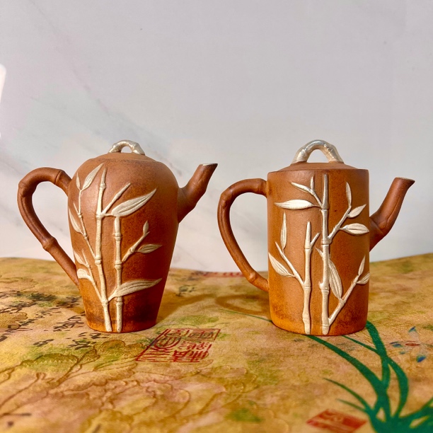 （款式可选）描银竹节壶带盖原矿老岩泥高端泡茶壶家用精美雕刻茶具