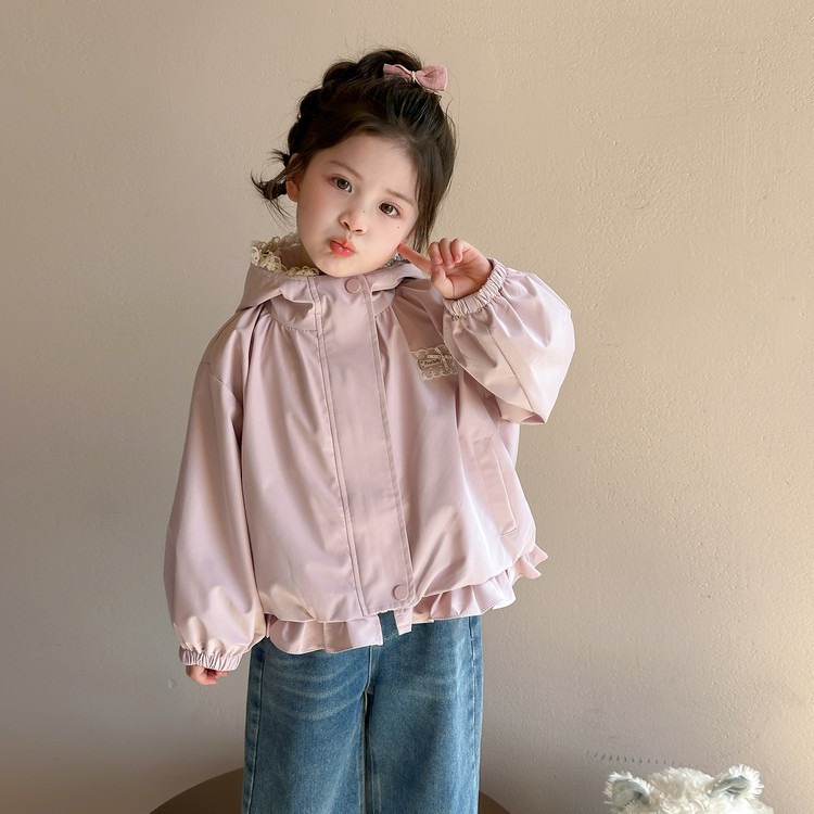 【高品质】巴拉拉女童外套春秋款2025新款儿童花边连帽冲锋衣小女孩