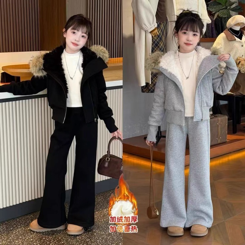 女童冬装时髦洋气套装中大儿童女孩大毛领加绒厚外套喇叭裤两件套