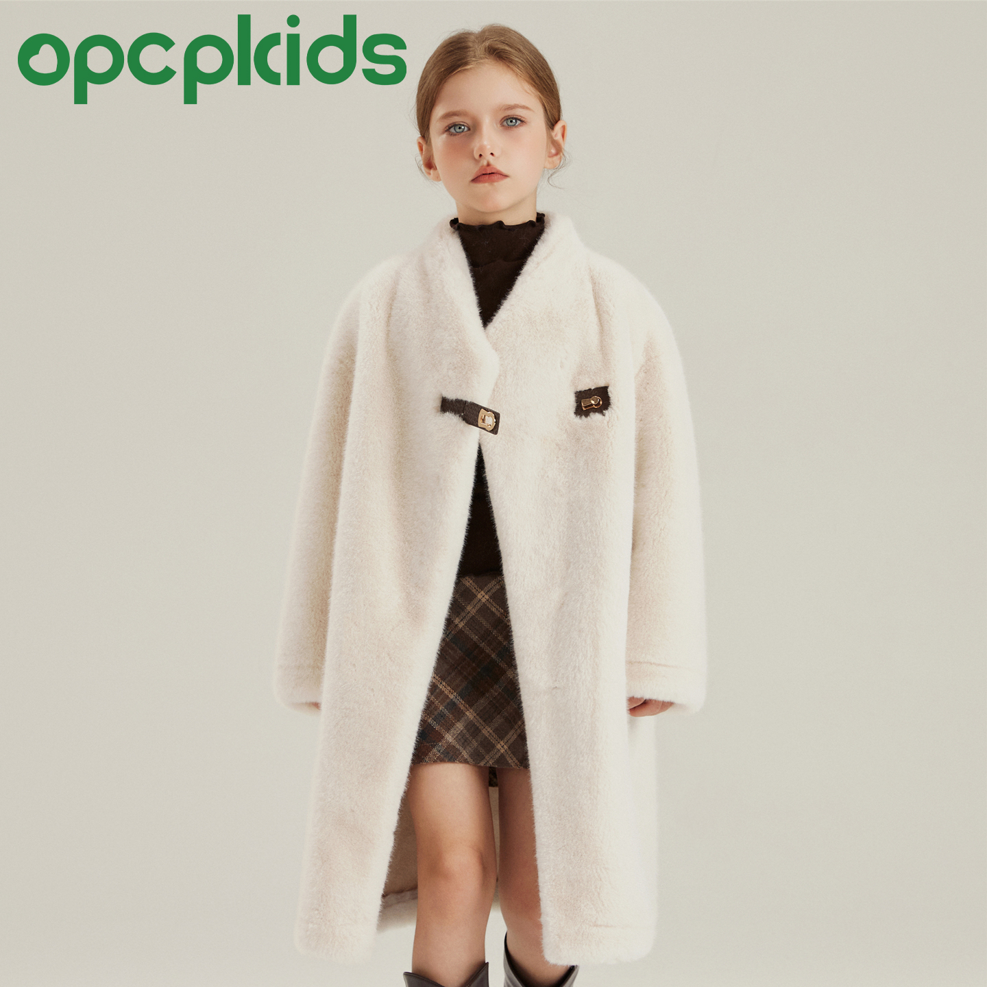 OPCP儿童精仿水貂外套秋冬新款女童保暖毛毛时尚大衣中长款25005