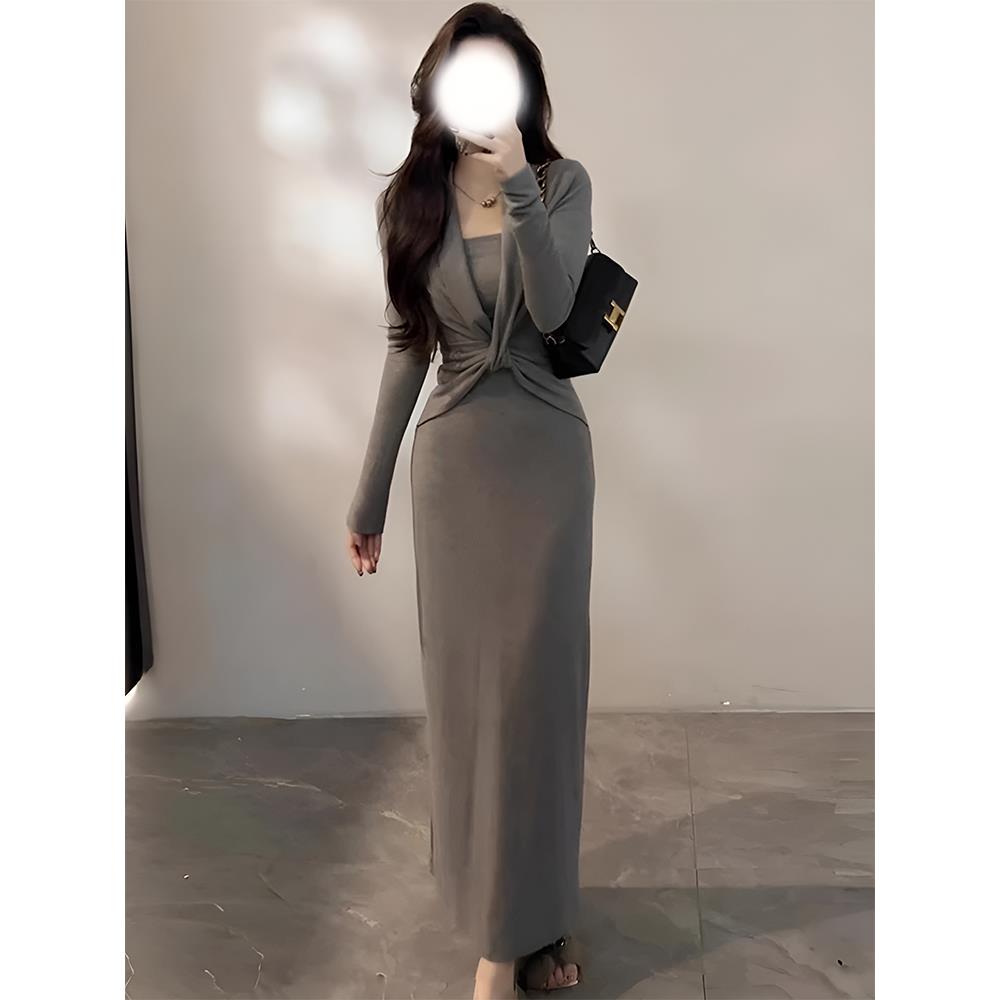 【大婷婷】秋冬新款扭结设计V领两件修身显瘦连衣裙直筒裙包臀长裙