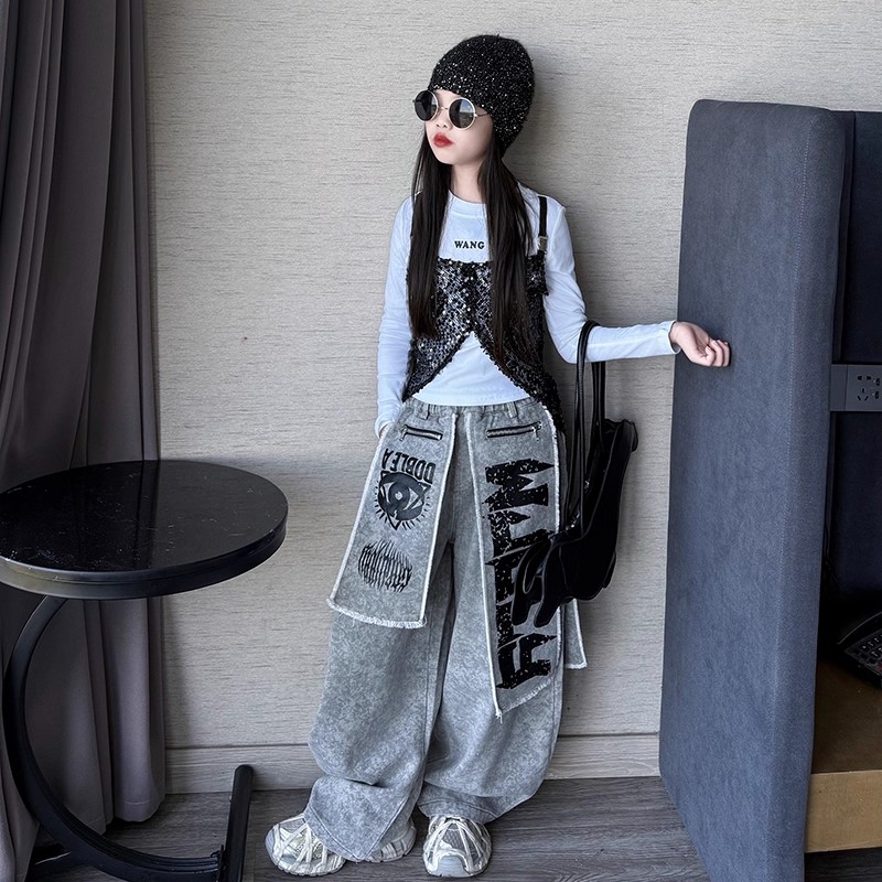 潮酷设计感亮片吊带长袖套装女童春秋新款街舞反穿大口袋阔腿长裤