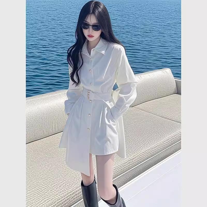 4228春秋新款法式气质轻奢高级感小香风收腰白色衬衫连衣裙子女潮
