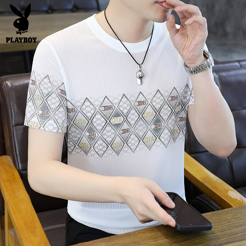 花花公子夏季高档男士圆领修身潮流短袖冰丝薄款休闲半袖透气T恤