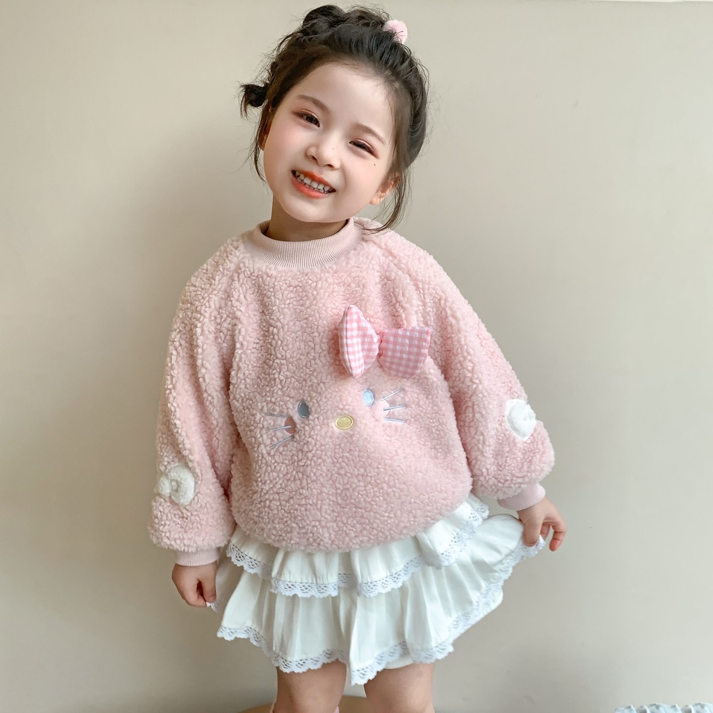 女童甜美猫咪大蝴蝶结毛毛卫衣2025新款儿童洋气女宝宝冬装上衣潮