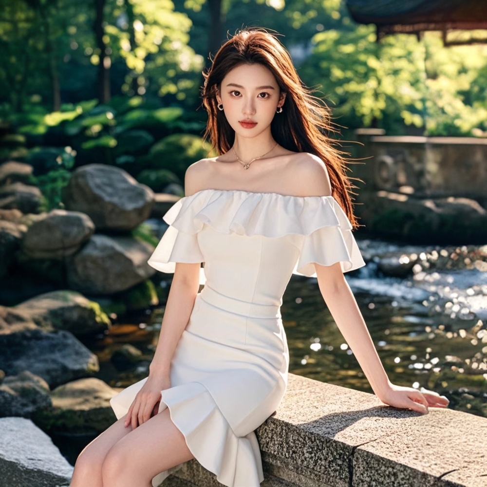夏季新款白色木耳边短袖连衣裙初恋纯欲风包臀裙修身显瘦鱼尾裙女