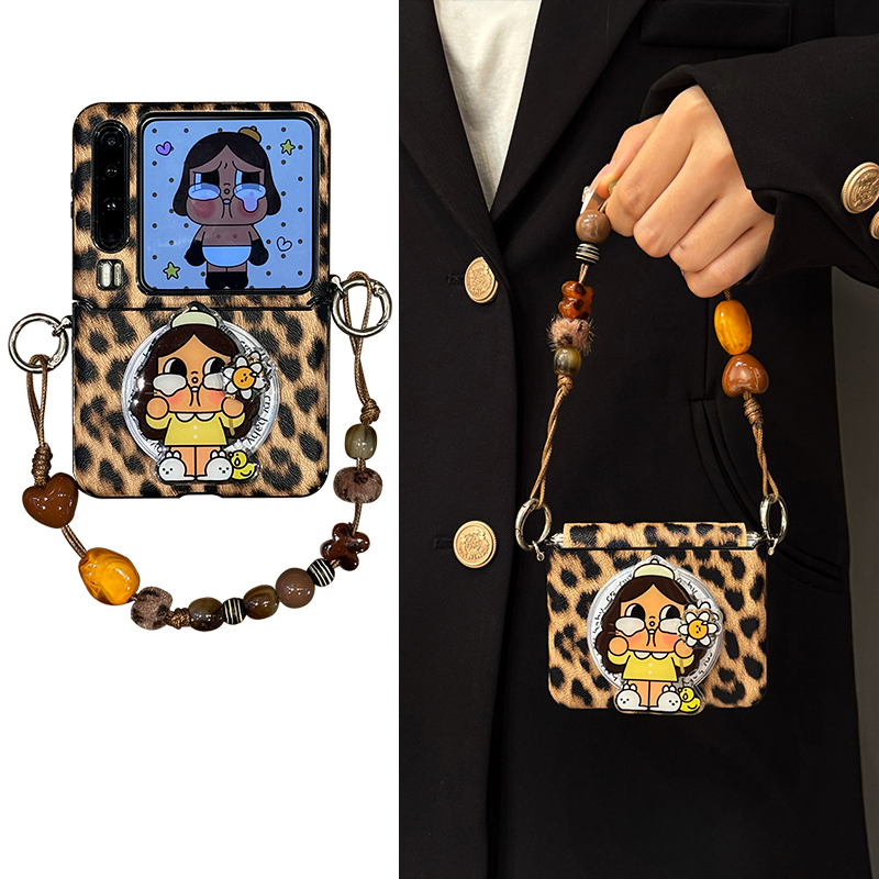 棕豹纹卡通女孩花朵磁吸支架适用华为purax手机壳荣耀MagicVFlip2