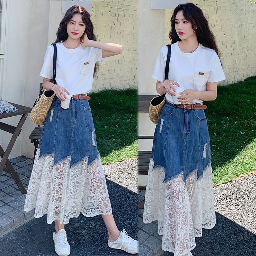 初夏流行穿搭套装女短袖T恤蕾丝拼接牛仔半身裙气质两件套潮25712