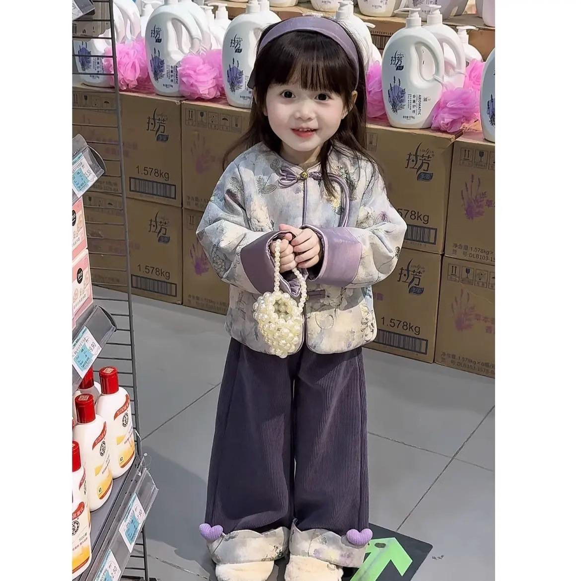 女童新中式唐装秋冬2025新款儿童盘扣汉服外套女孩国风阔腿裤套装