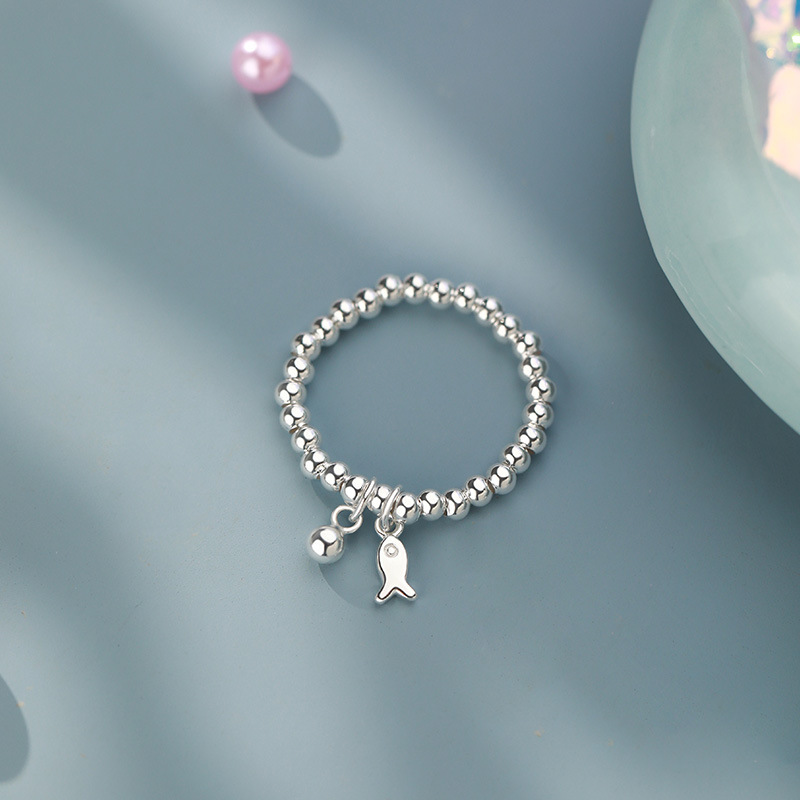 足银戒指 足银999小鱼圆珠戒指简约清新韩风银珠温柔串珠小众指环