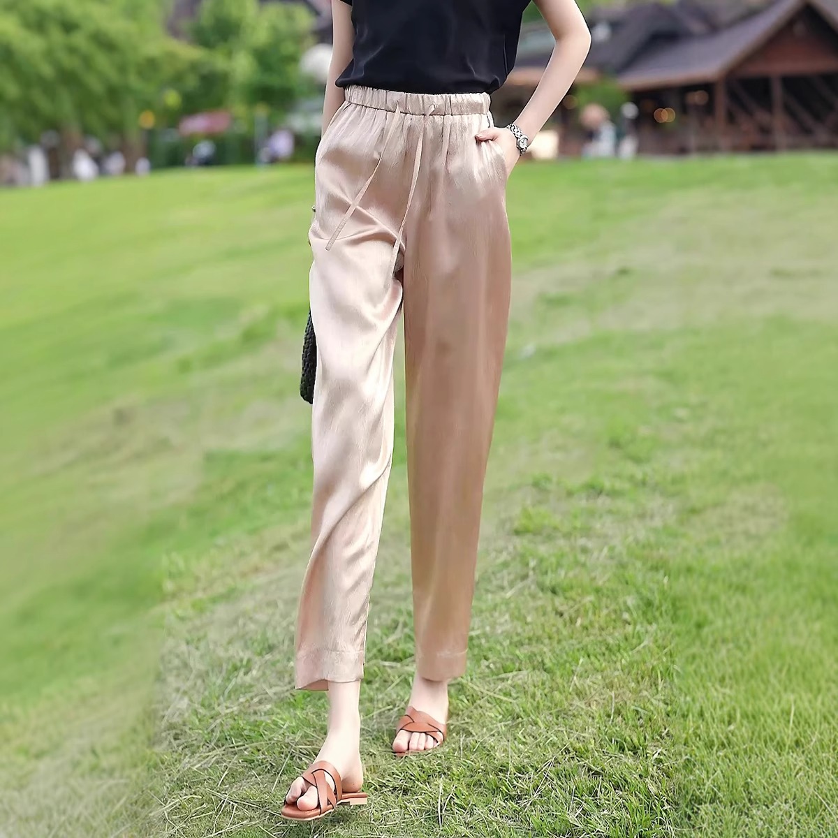 醋酸哈伦裤女夏季薄款2025新款九分裤子高腰垂感高级感休闲直筒裤