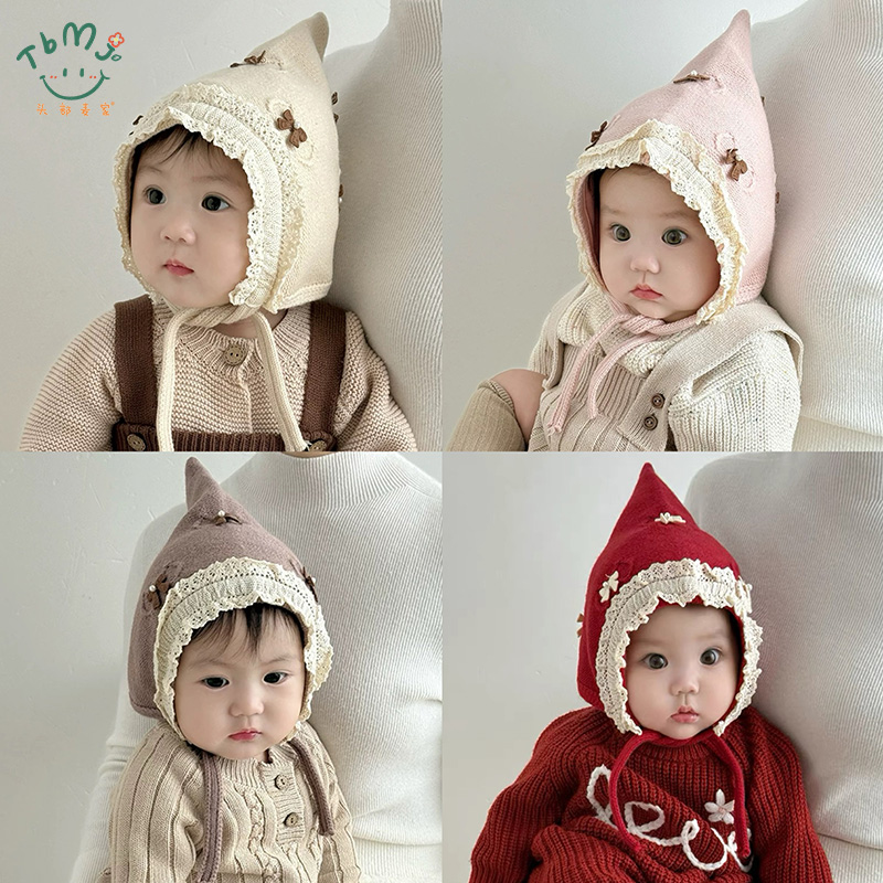 婴儿秋冬款帽子ins风女宝宝针织毛线帽可爱超萌儿童护耳帽宫廷帽