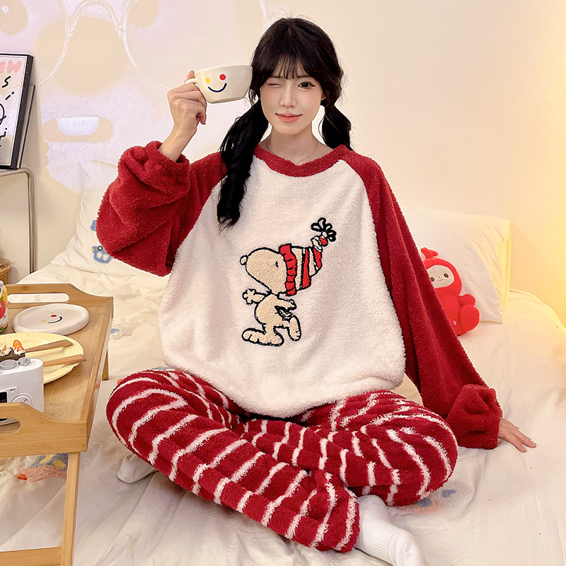 睡衣女大童秋冬季半边绒加绒加厚12-13-15岁女孩高初中学生家居服