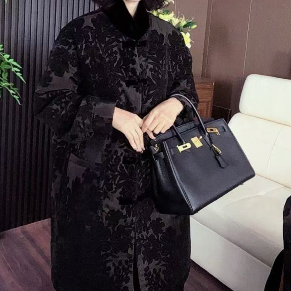 （锦绣牡丹）复古提花加棉保暖长款外衣时尚黑色中长款国风外套冬季