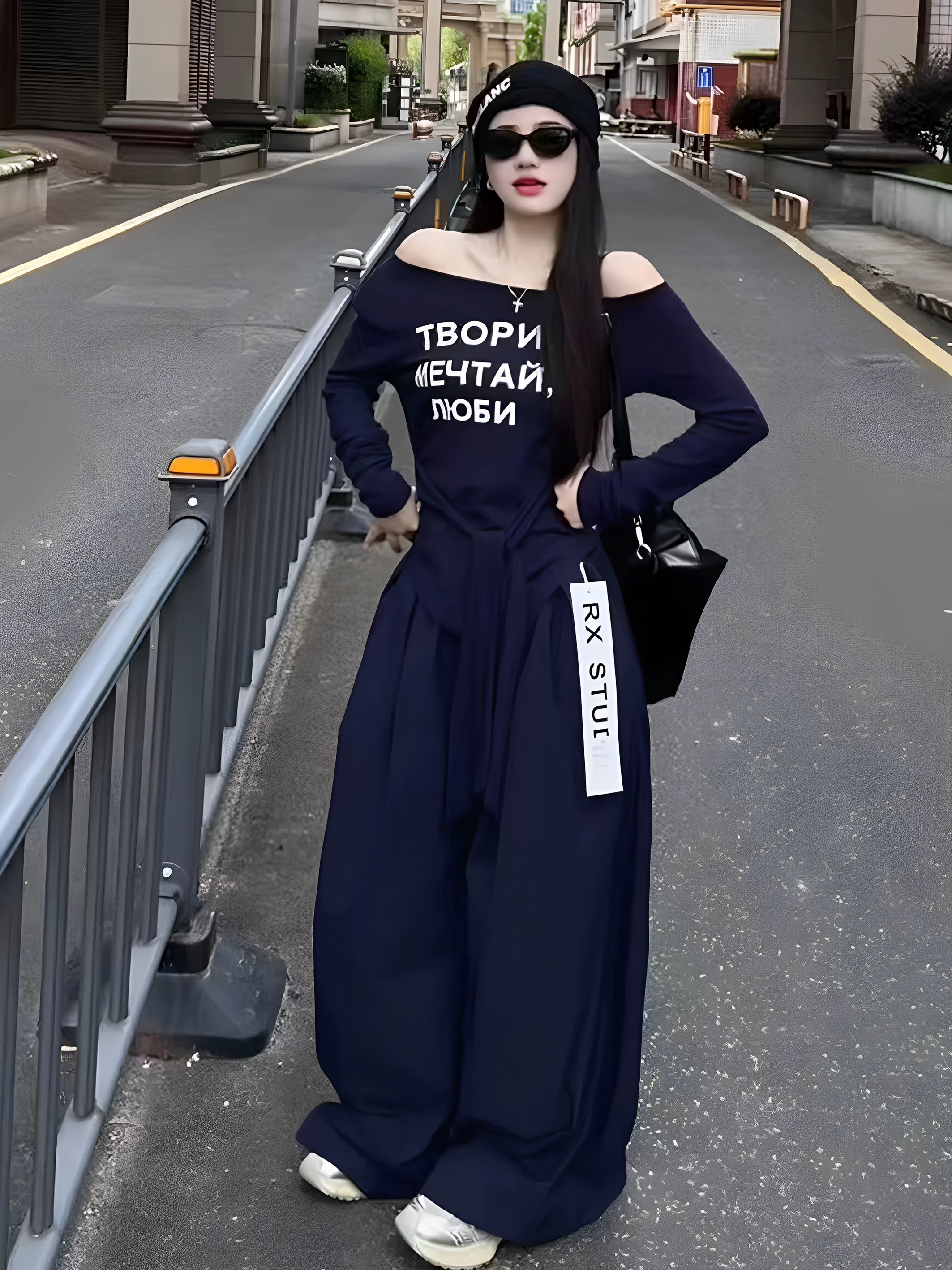 韩版露肩斜领绑带字母印花T恤女2025秋季新款高腰宽松阔腿裤套装