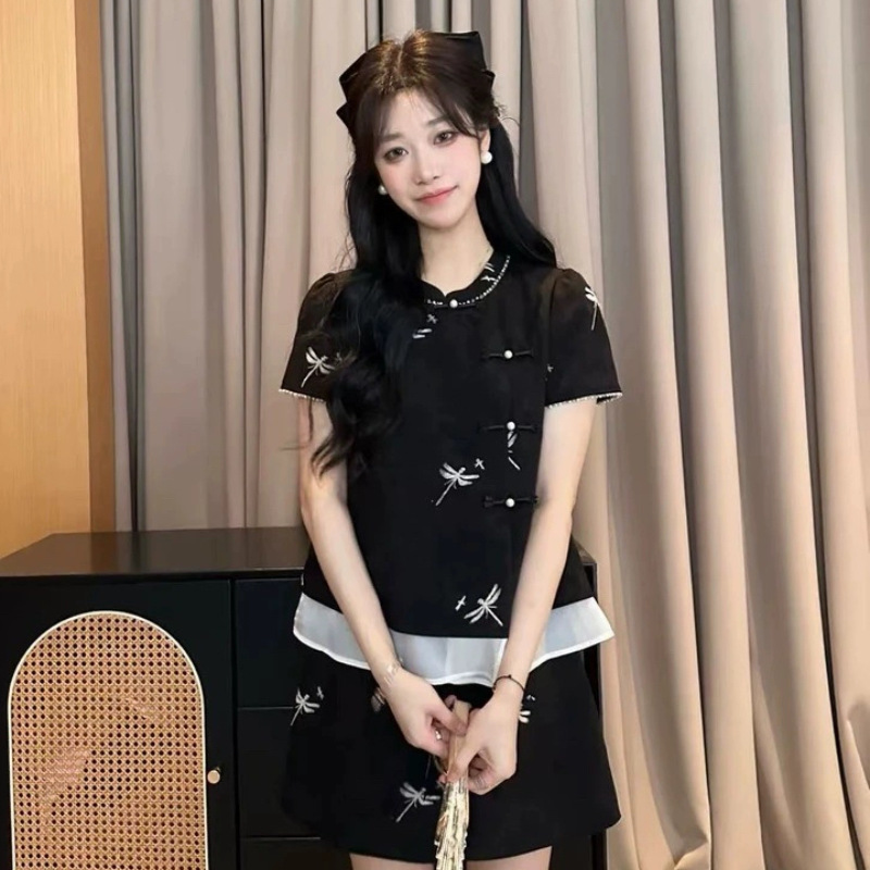 AA【夏末蜻蜓】夏款新中式两件套短袖套装宫廷千金名媛风显瘦半裙