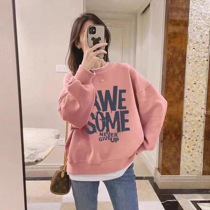 假两件圆领卫衣女2025新款秋冬宽松外套加绒加厚拼接上衣春秋薄款