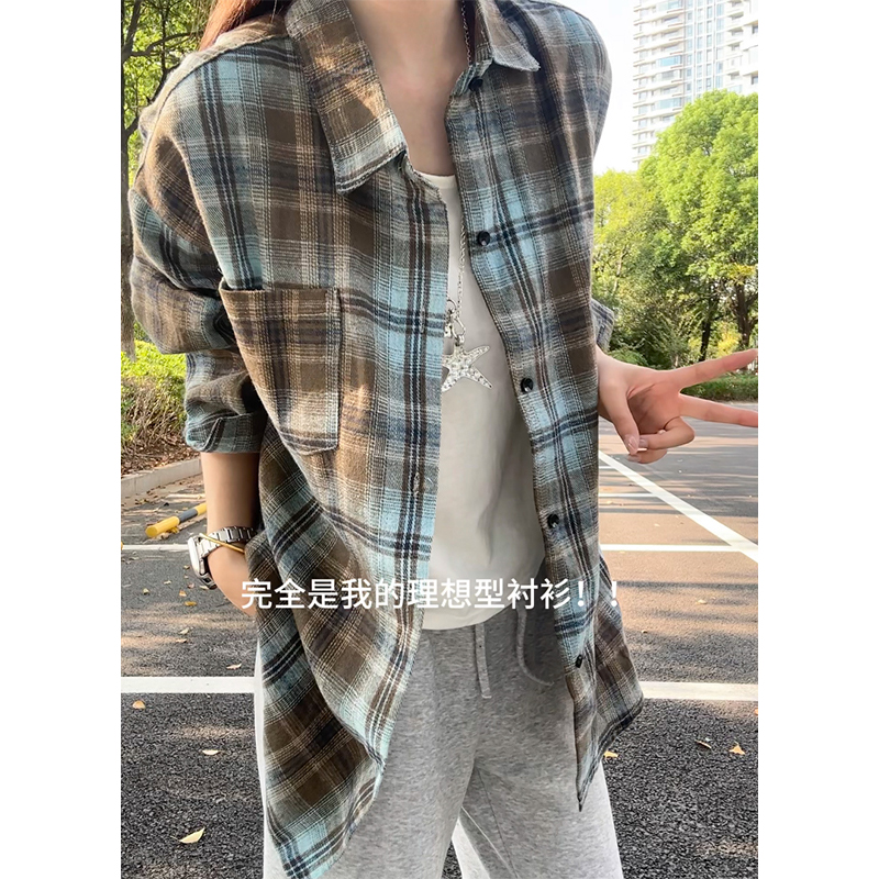 早秋慵懒风宽松格子衬衫男女款高级感长袖衬衣hiphop情侣潮牌外套
