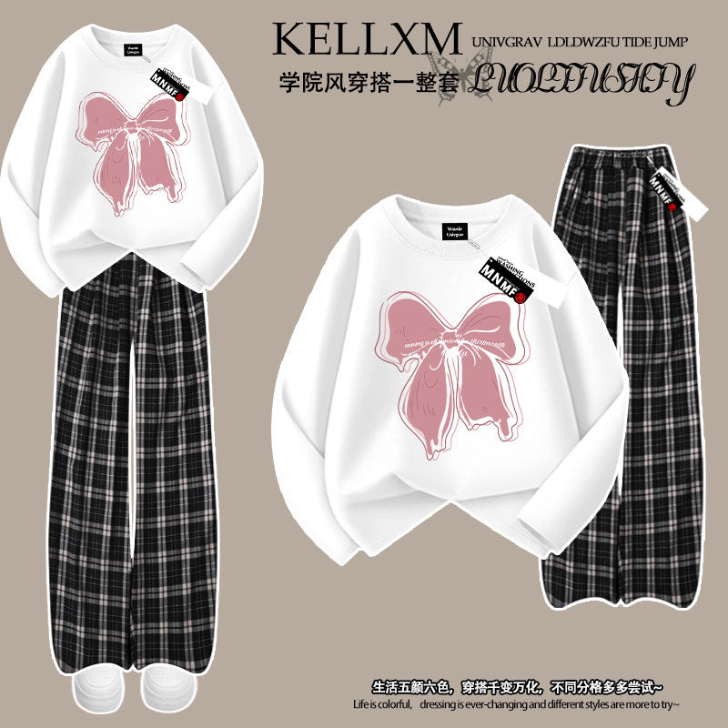 女童韩版蝴蝶结2025春秋新款纯棉t恤长袖格子裤套装洋气两件套潮