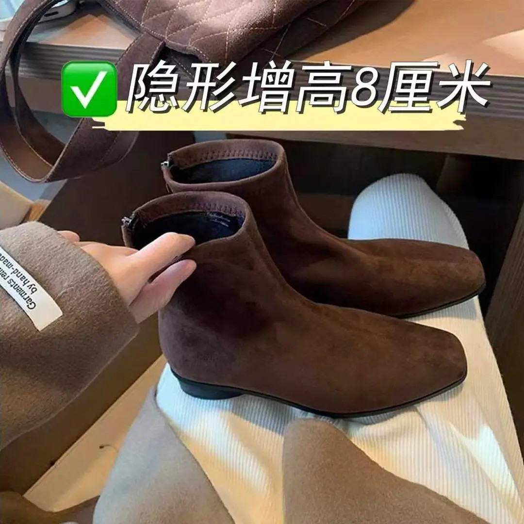 小个子内增高8cm法式方头复古棕色绒面粗跟短靴女后拉链马丁靴女