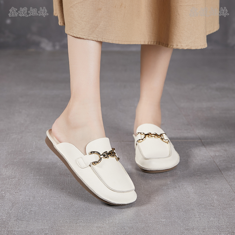 202528真皮网红包头拖鞋时尚百搭软底半平底方头低跟百搭小众鞋子