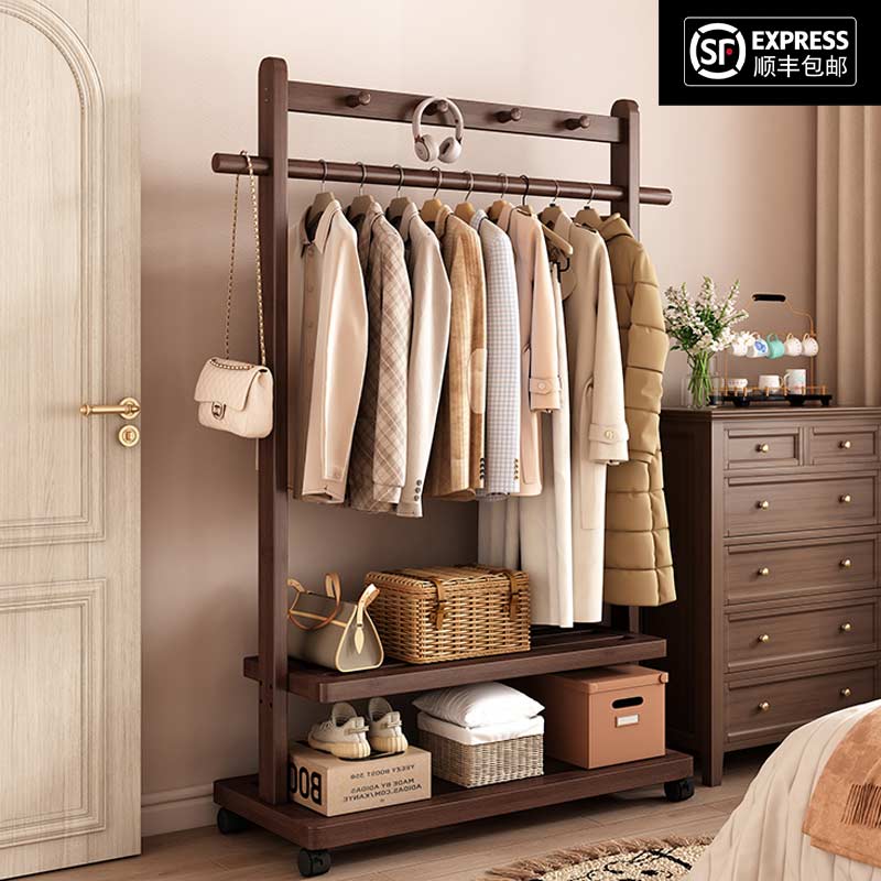 房间挂衣架实木落地卧室衣帽架客厅新中式民宿衣服架可移动置衣架