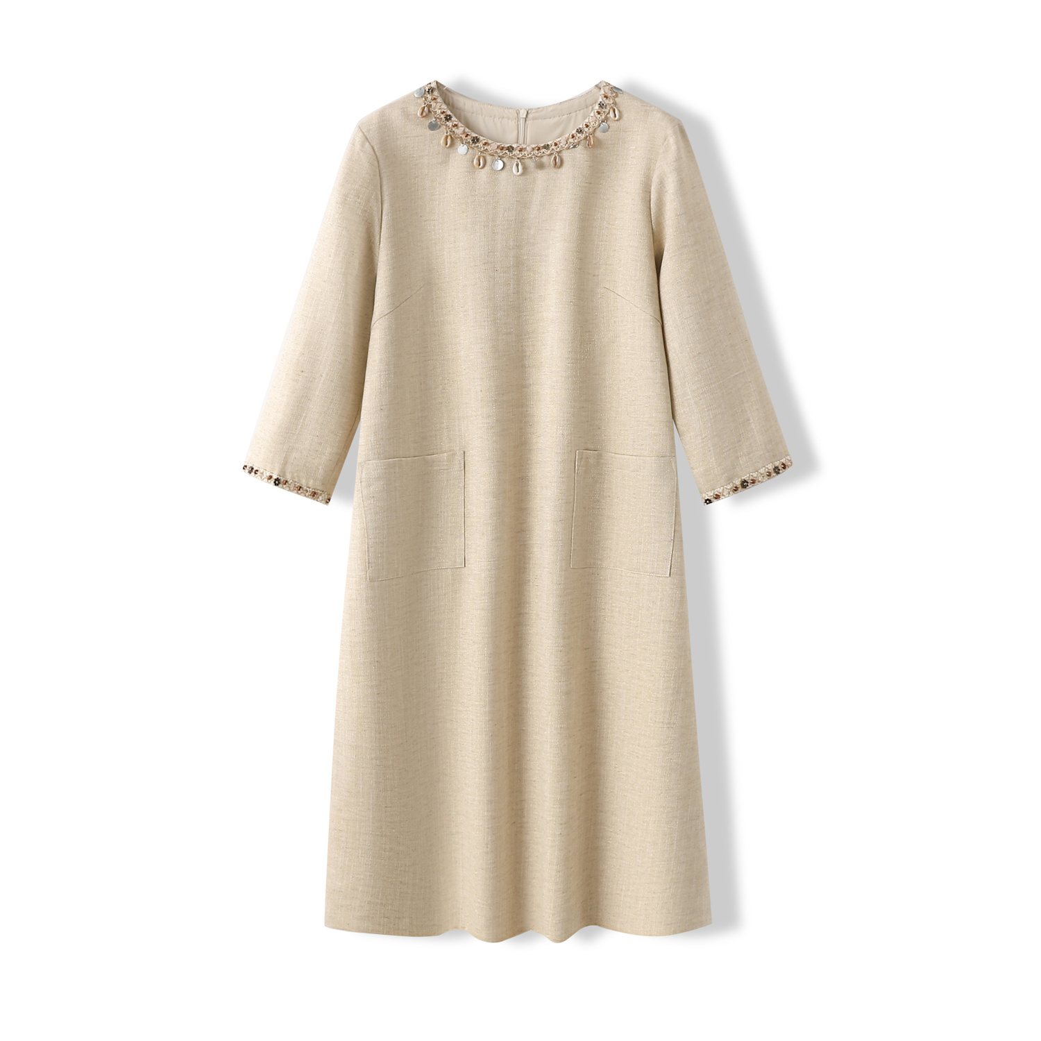 重工钉珠中腰圆领时尚爆款连衣裙中长款A122