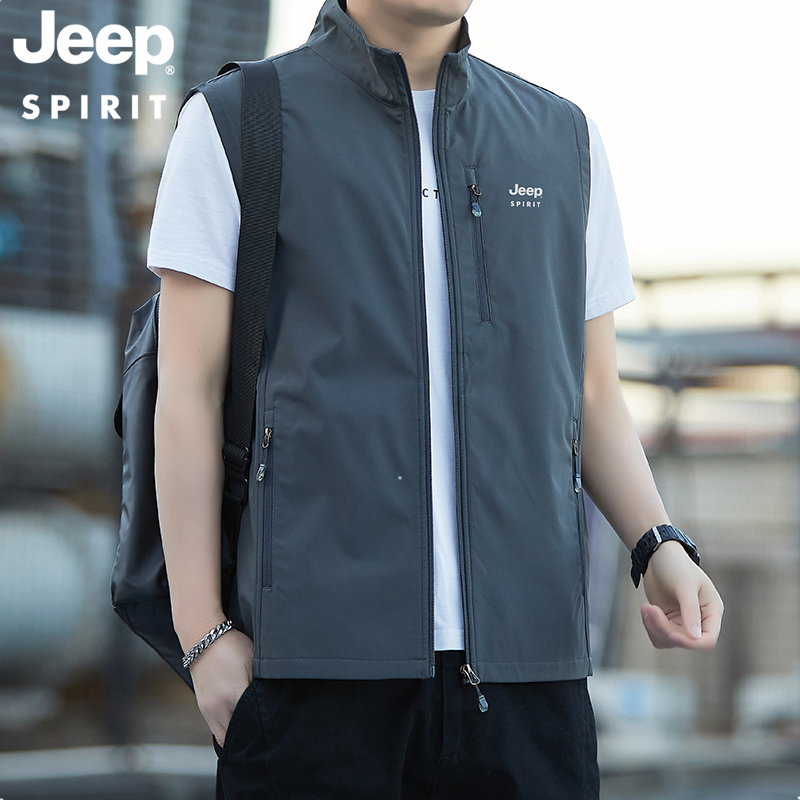 JEEP吉普马甲男士春秋款多口袋工装立领坎肩户外休闲透气钓鱼外套