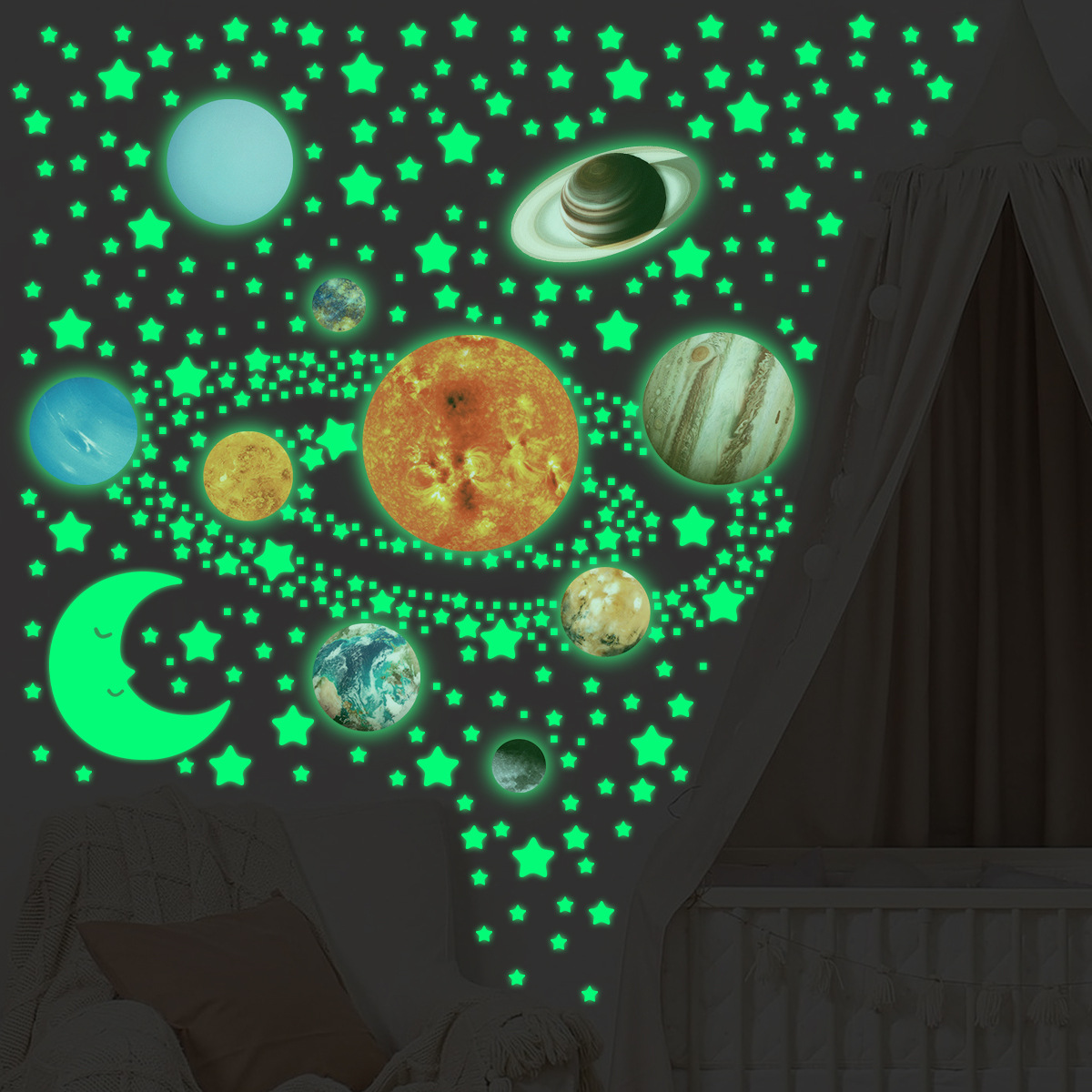 夜光宇宙行星星空布置房间卧室荧光自粘diy天花板墙贴