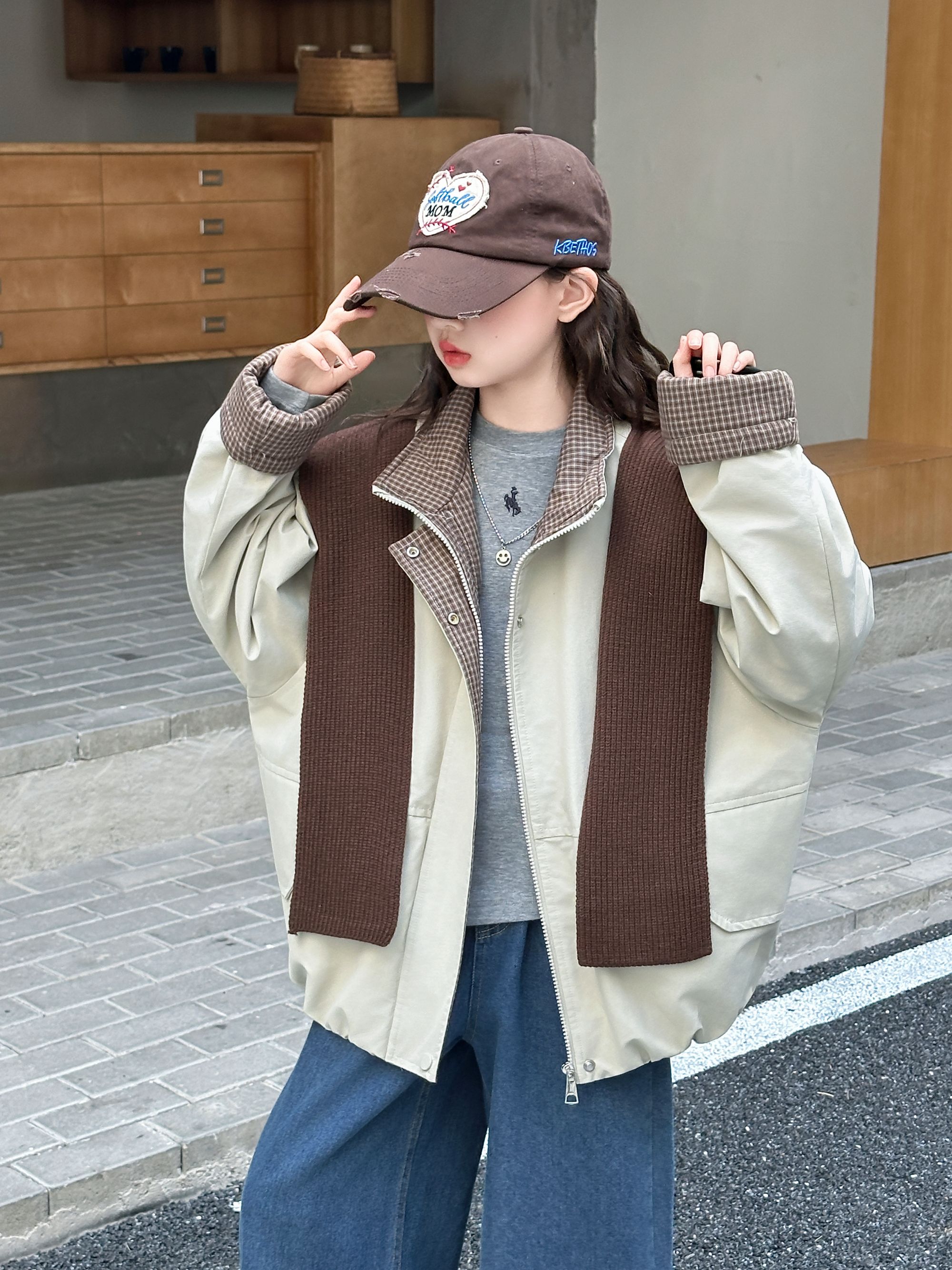 秋冬拉链普通外套女中童加绒外套可拆卸帽领韩版外套柔软亲肤保暖