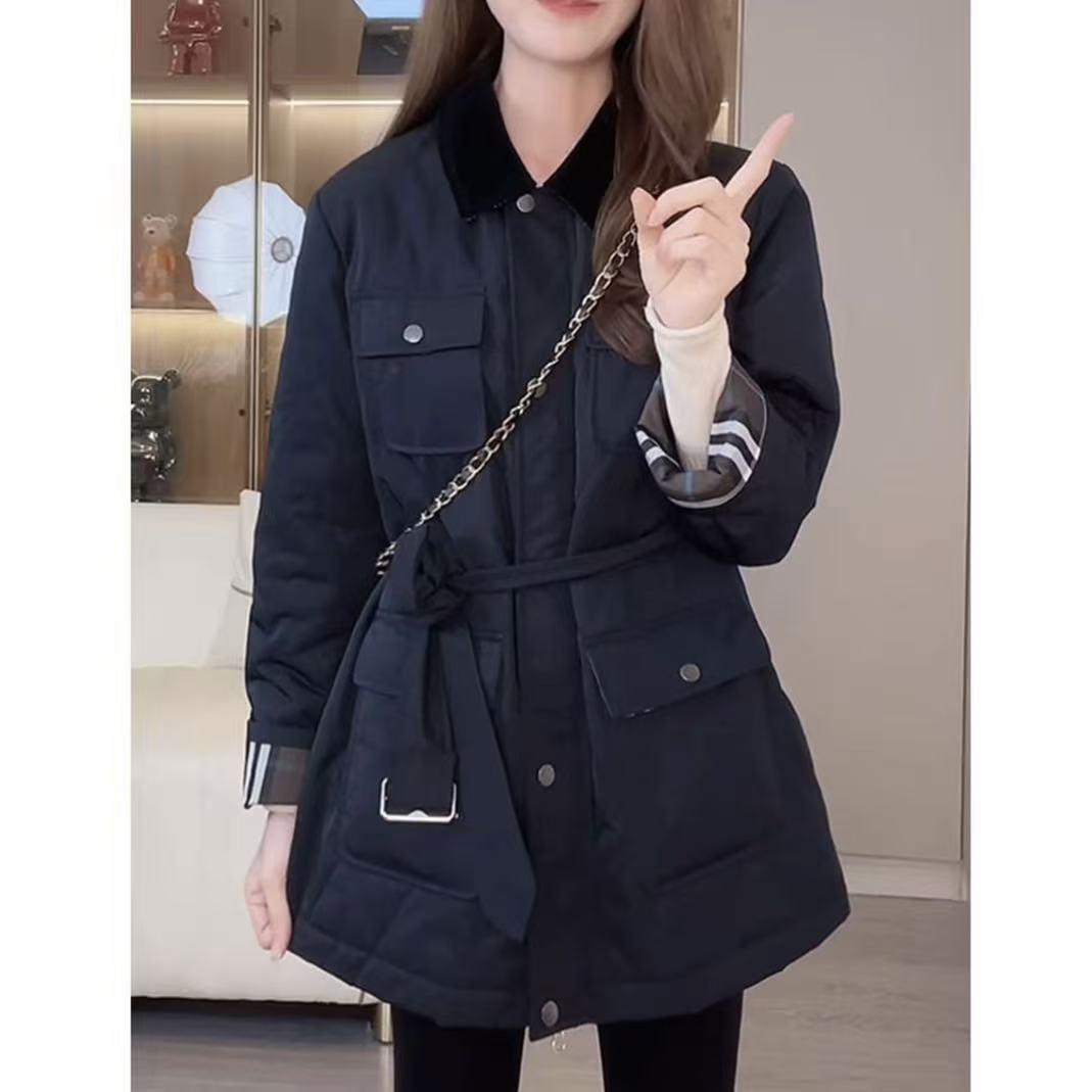 羊驼毛冬季翻领设计感加厚保暖棉服气质百搭收腰显瘦外套女