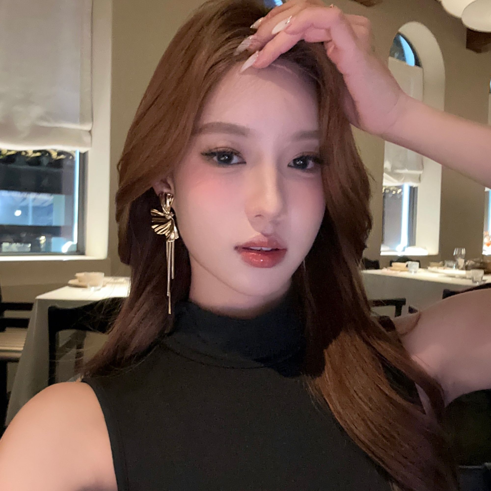 铜合金无非金属耳饰 钓系魅力 金色杏叶流苏耳环独特夸张礼服耳饰