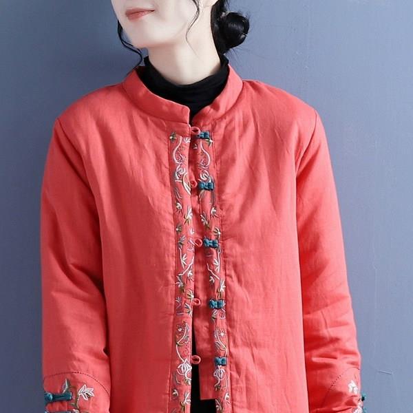 外贸出口专柜尾单秋冬季棉麻绣花棉古盘扣立领对襟棉衣中式厚外套