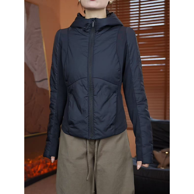 黑色连帽棉服外套女装2025秋冬新款百搭修身显瘦运动轻薄夹克上衣