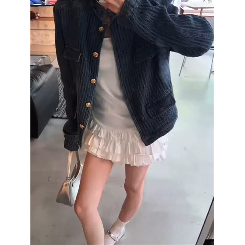 老钱调小众肌理感牛仔小香风外套女春秋新款H型立领夹克上衣女