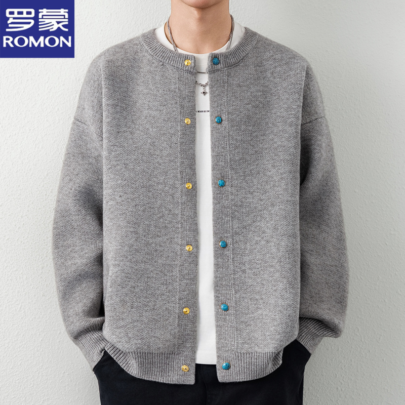 罗蒙男士针织开衫秋季休闲重磅毛衣圆领潮流韩版男士毛衫男款编织