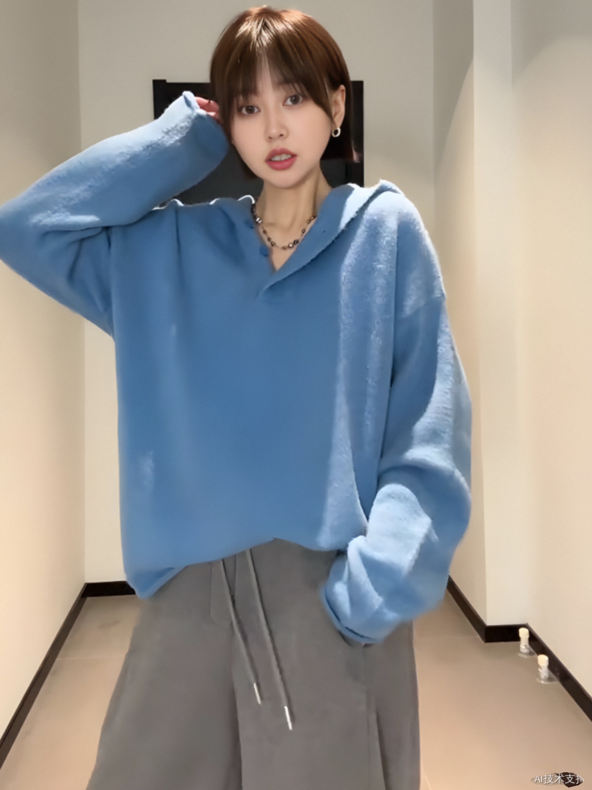 慵懒风蓝色连帽套头毛衣女秋季新款宽松高级感内搭打底针织上衣