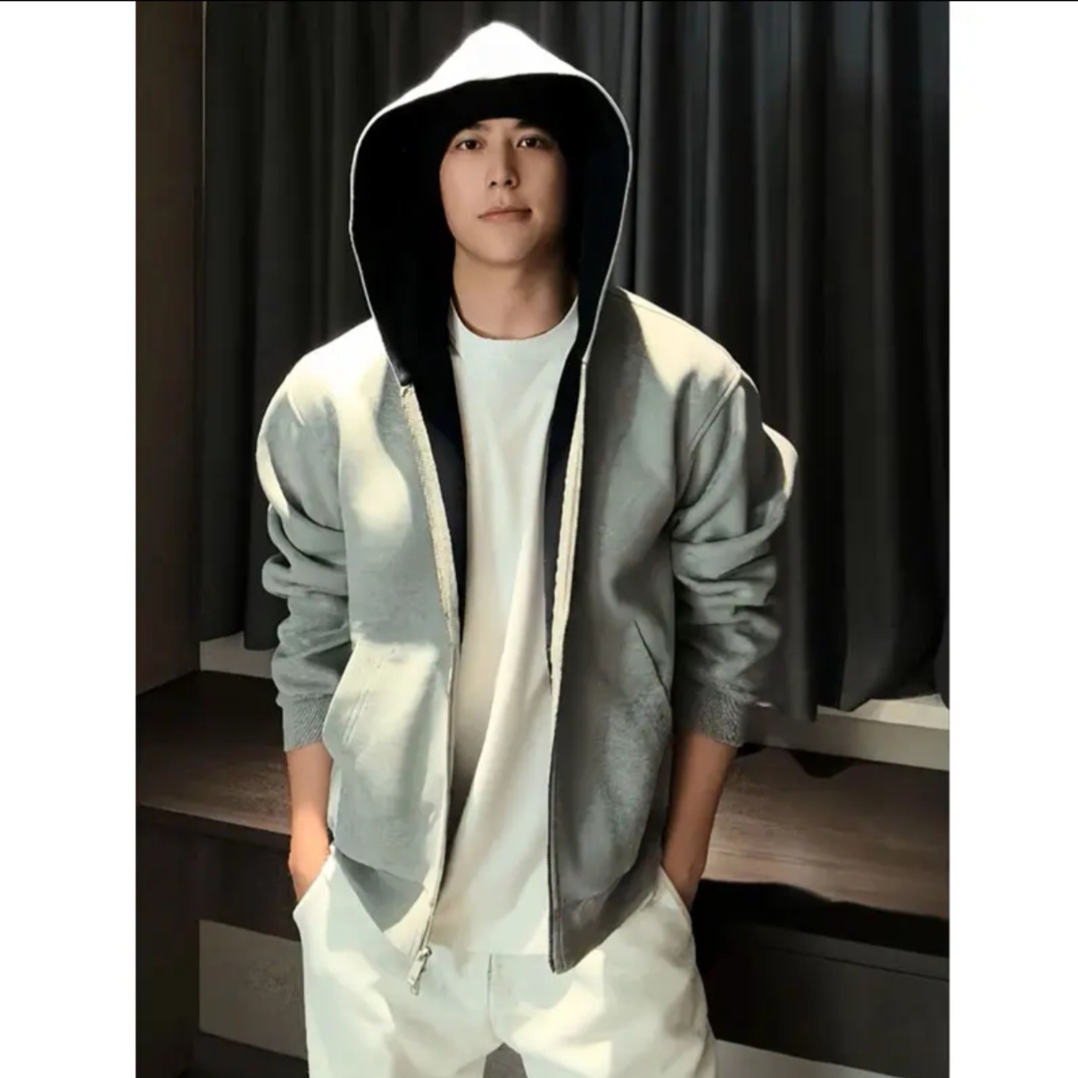 男士拼色卫衣外套潮流时尚慵懒宽松休闲双拉链开衫秋冬季连帽上衣