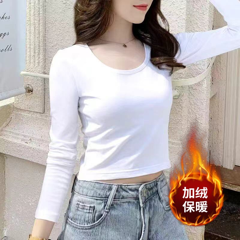 短款长袖t恤女2025年春秋新款正肩95棉高腰修身显瘦露脐打底衫女
