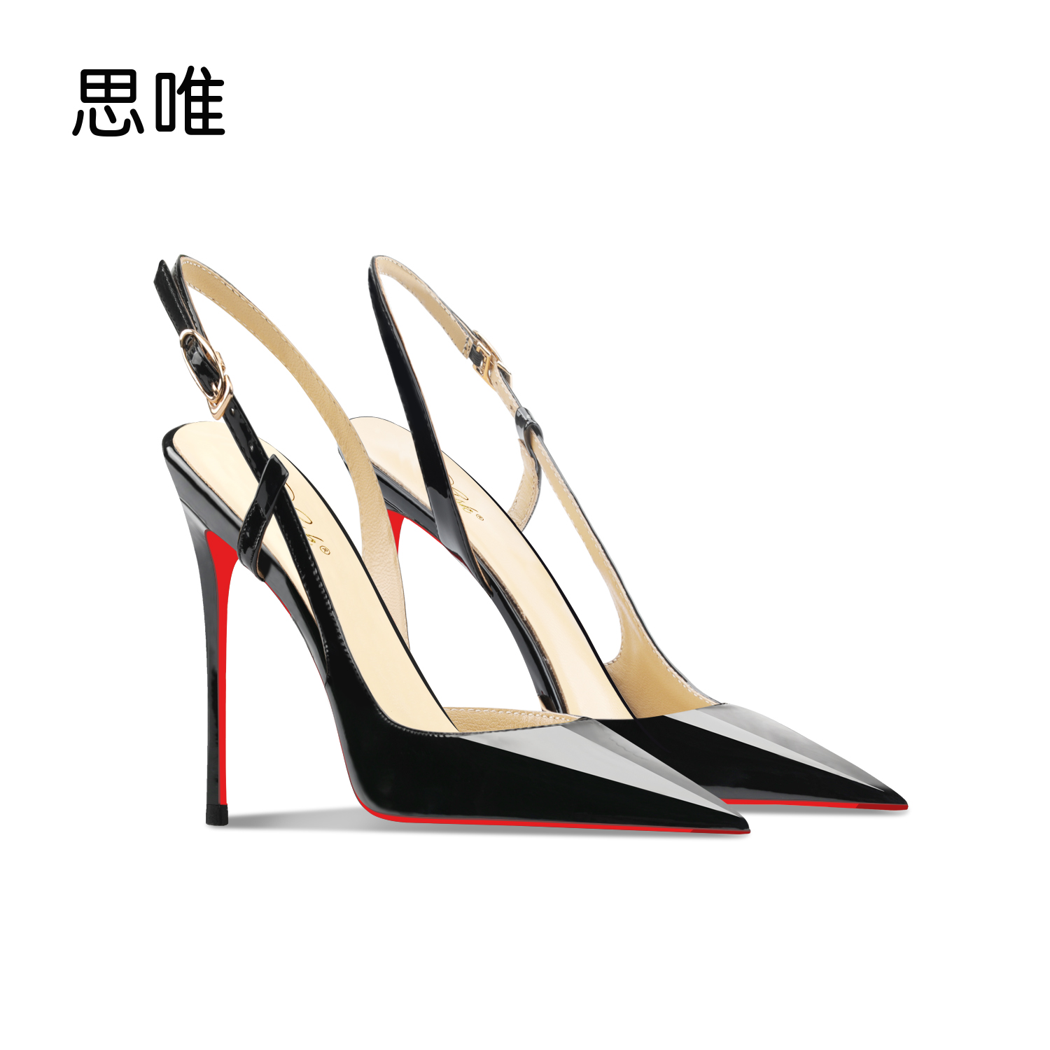 红底黑色漆皮边扣高跟凉鞋2025年春季新款女尖头细跟浅口性感单鞋