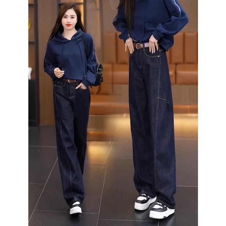 拉夏贝尔深蓝色百搭阔腿牛仔裤女2025新款秋冬宽松显瘦垂感直筒裤
