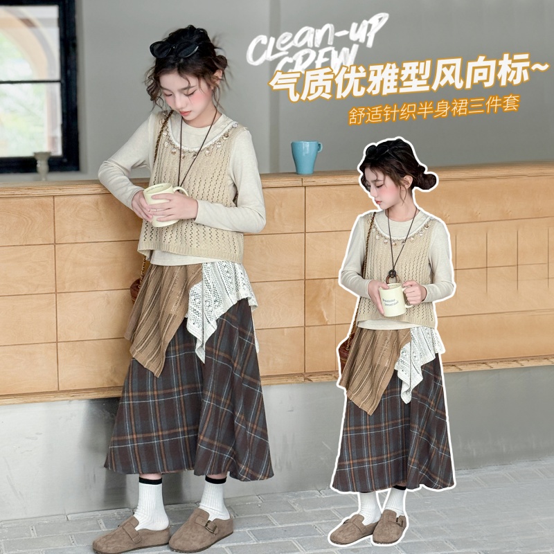 女童春秋款套装裙子女大童洋气时髦儿童秋装毛衣马甲半身裙三件套