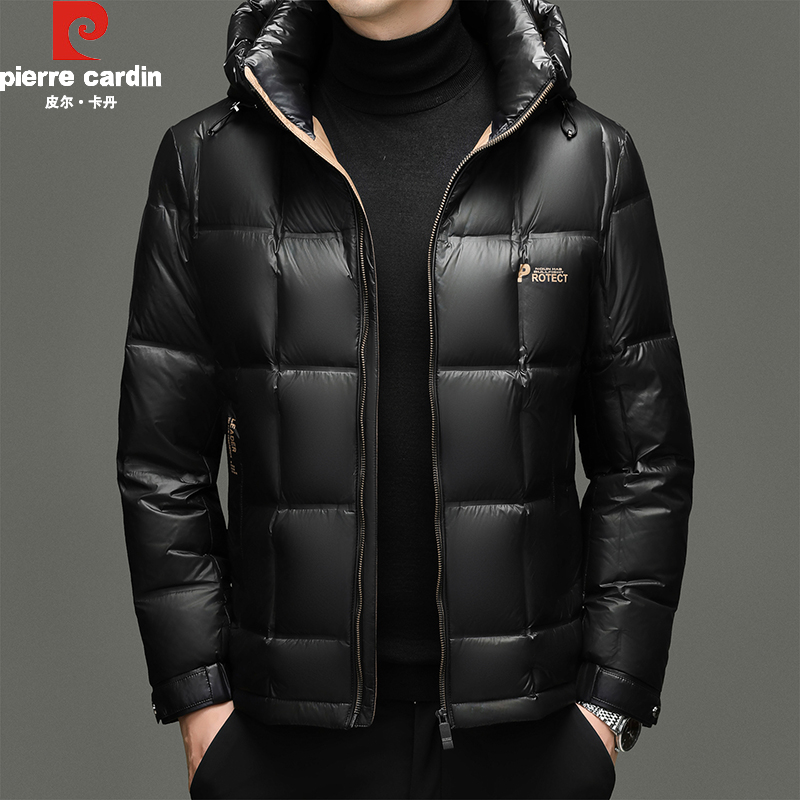 皮尔卡丹男士羽绒服冬季外套简单百搭可拆卸帽子中年冬装鸭绒上衣