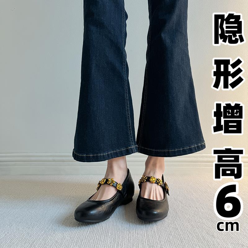 法式圆头浅口晚风奶奶鞋春夏新款芭蕾舞舒适单鞋女黑色内增高