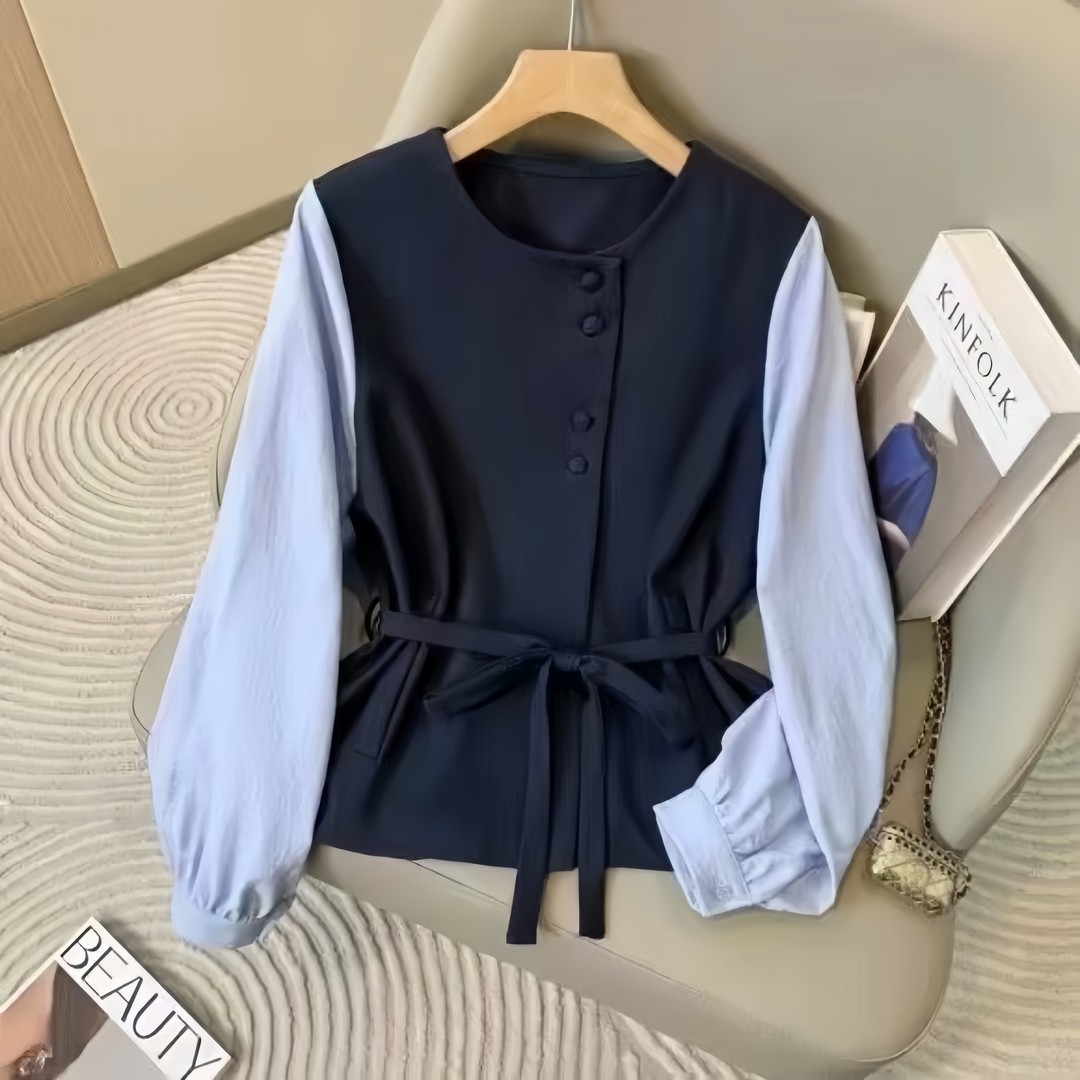 高级感假两件正肩长袖衬衫女2025早秋新款大码微胖mm绑带收腰上衣