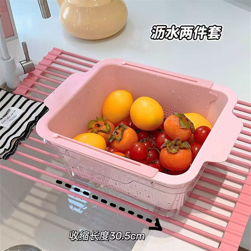 洗菜盆沥水篮可伸缩双层洗菜篮厨房洗果蔬水槽滤水篮塑料家用新款