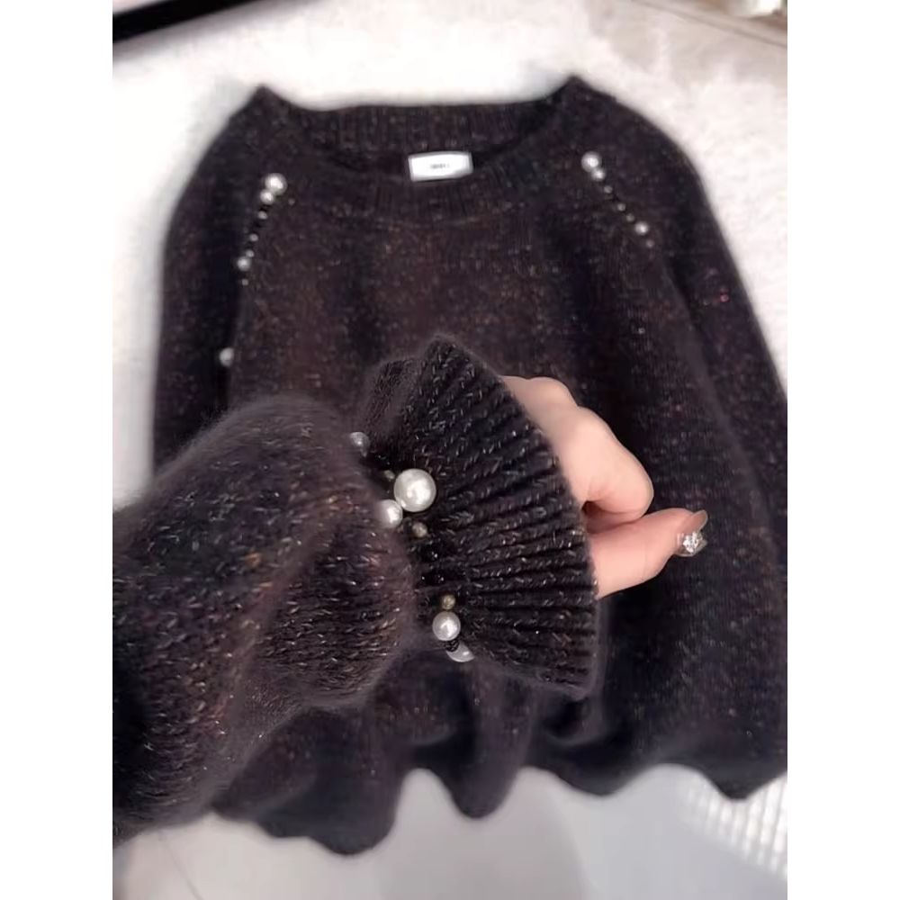 韩版高级感咖色珍珠毛衣女2025秋季新款别致洋气休闲百搭针织长袖