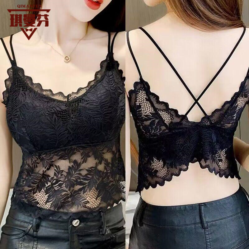 蕾丝自带杯垫背心美背女外穿薄款无钢圈透气美背内衣文胸一体通勤